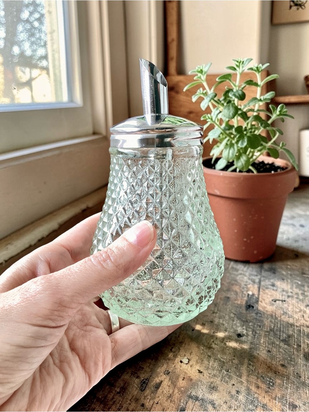 Vintage Glass Sugar Pourer Dispenser Cut Diamond Pattern
